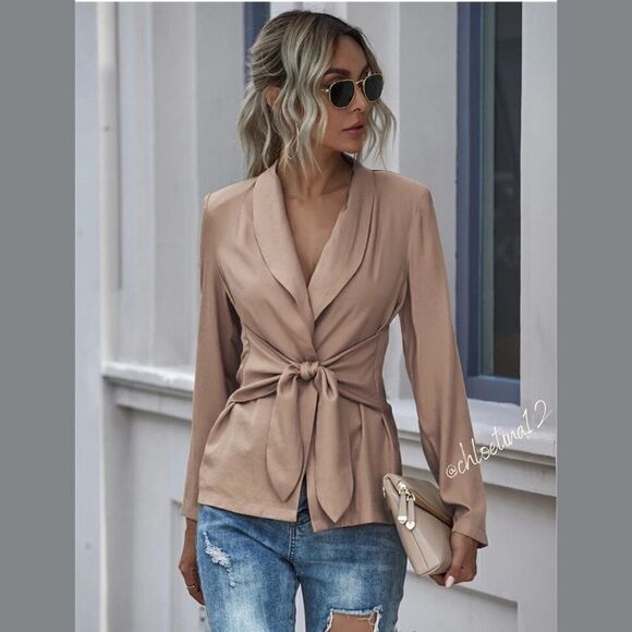 Women's V Neck Blazer Jacket Self Tie Knot Khaki or Beige - Picture 1 of 12